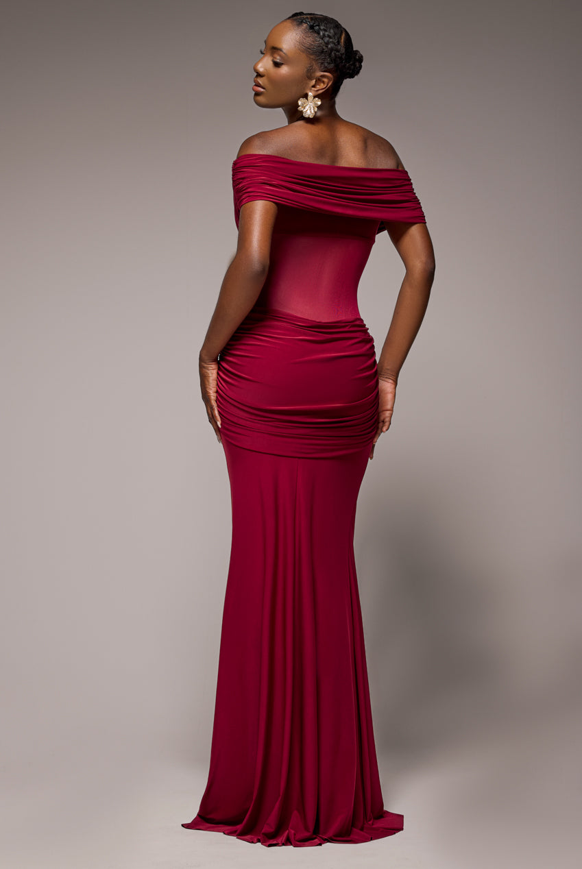 Goddiva Gathered Off The Shoulder Mesh Waist Panel Maxi Dress - Wine