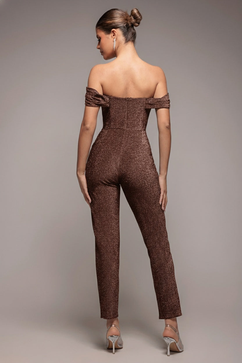 Goddiva Lurex Cowl Neck Romper - Bronze
