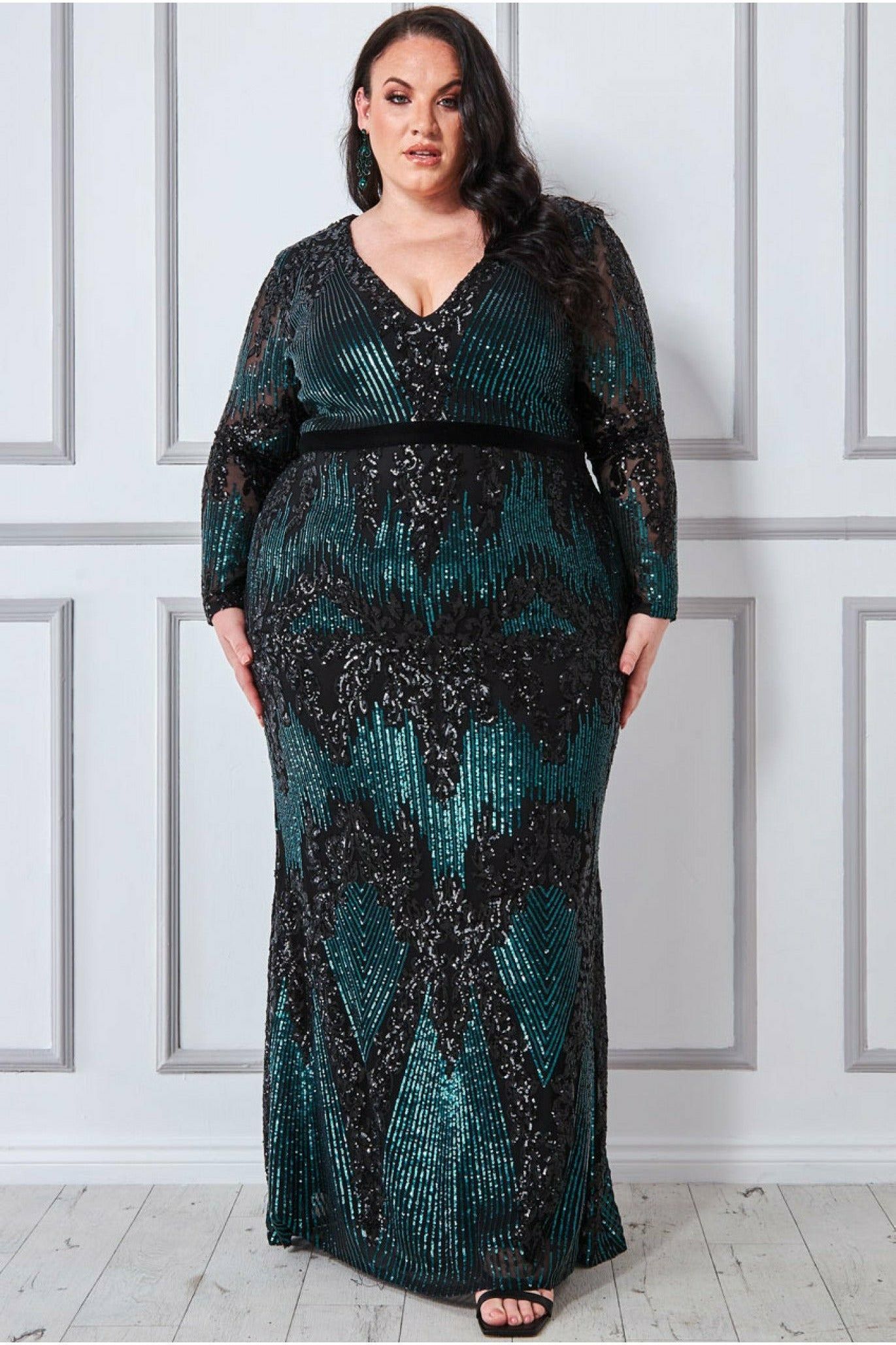 Goddiva Plus Long Sleeve Sequin Evening Maxi - Emerald