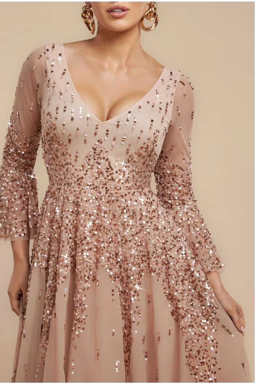 Goddiva Sunray Hand Embellished Sequin A-Line Bell Sleeve Maxi Dress - Champagne