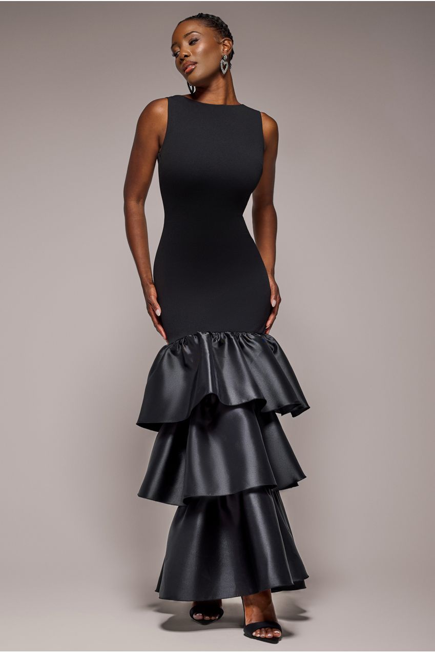 Goddiva Boat Neck Satin & Scuba Crepe Tiered Maxi Dress - Black