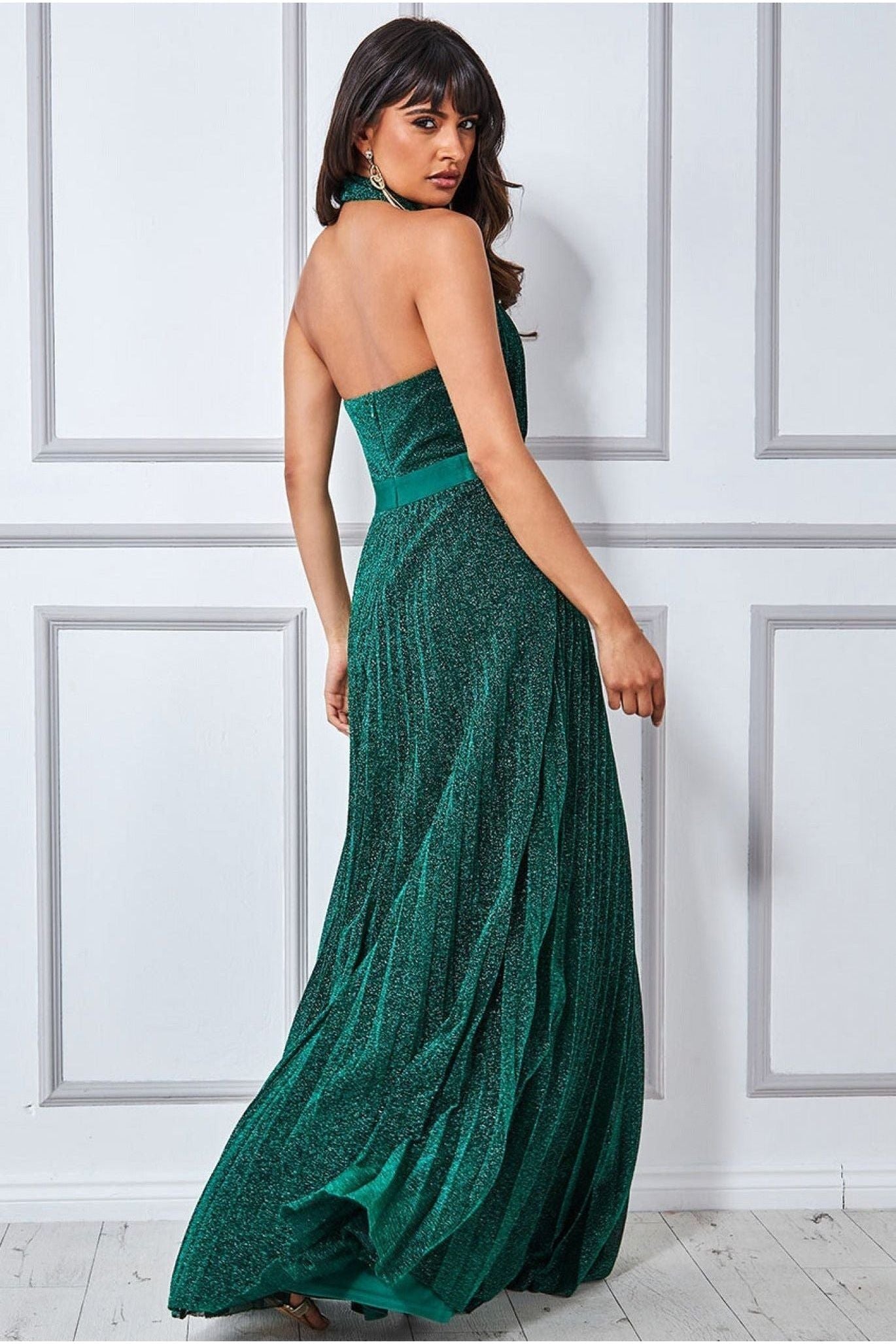 Goddiva Lurex Halterneck Pleated Maxi Dress - Emerald