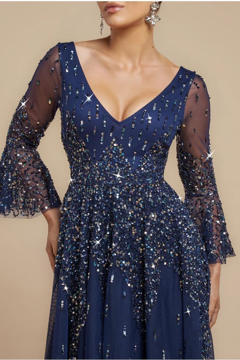 Goddiva Sunray Hand Embellished Sequin A-Line Bell Sleeve Maxi Dress - Navy Blue