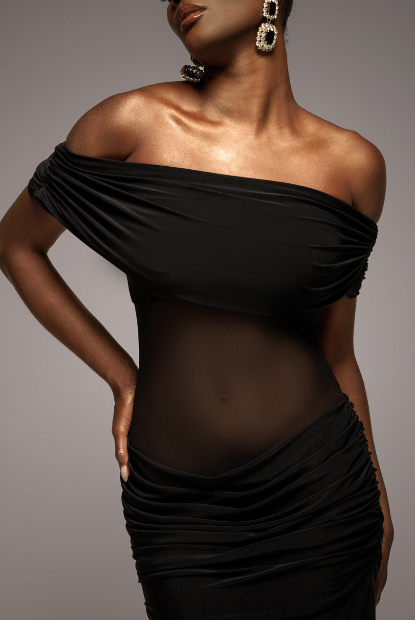 Goddiva Gathered Off The Shoulder Mesh Waist Panel Maxi Dress - Black