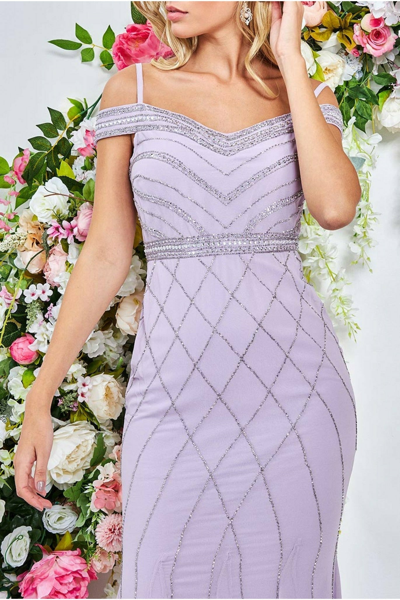 Goddiva Off The Shoulder Sequin Maxi Dress - Lavender