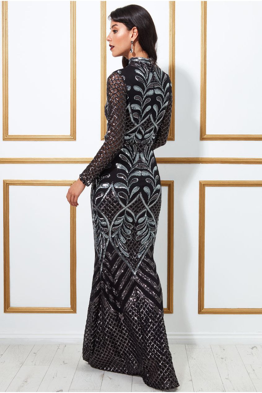 Goddiva Sequin Mesh Maxi With High Collar Dress - Black