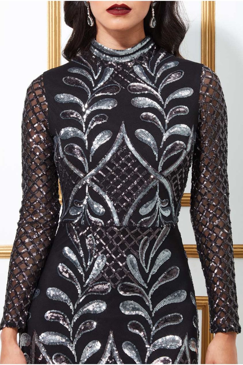 Goddiva Sequin Mesh Maxi With High Collar Dress - Black