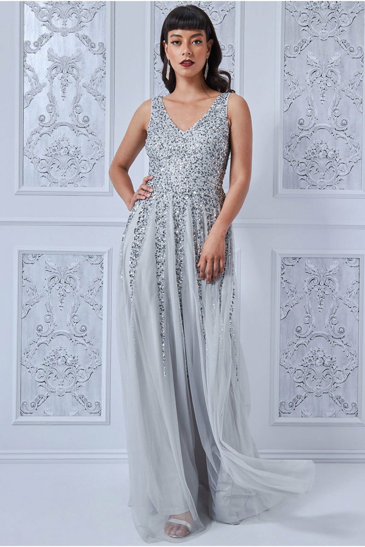 Goddiva Sunray Sequin Maxi Dress - Silver