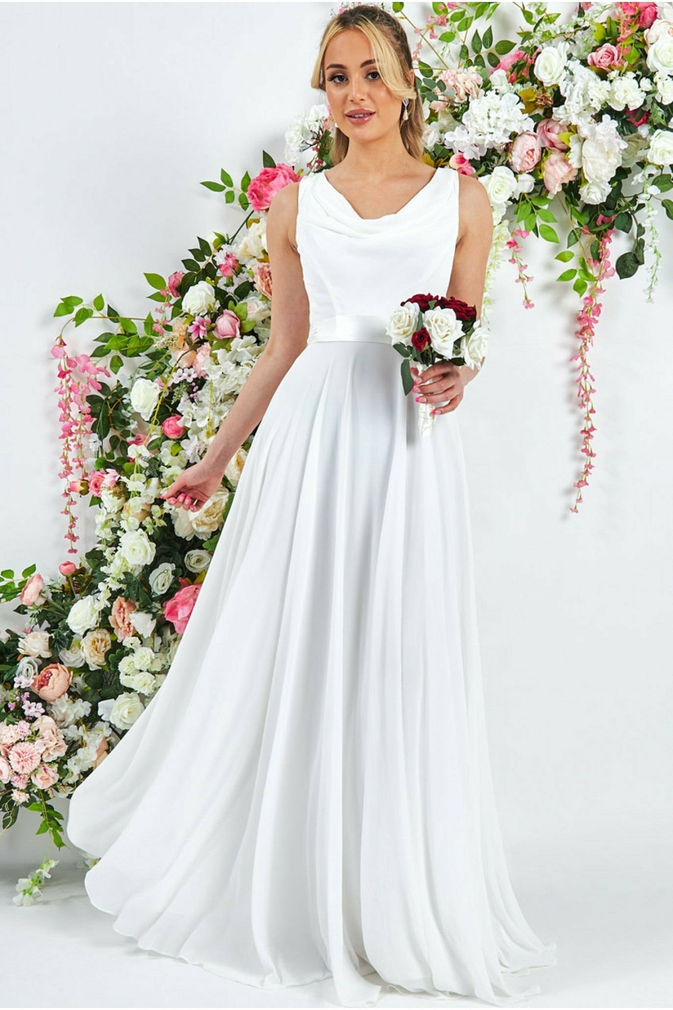 Goddiva Cowl Neck Chiffon Maxi Dress - White