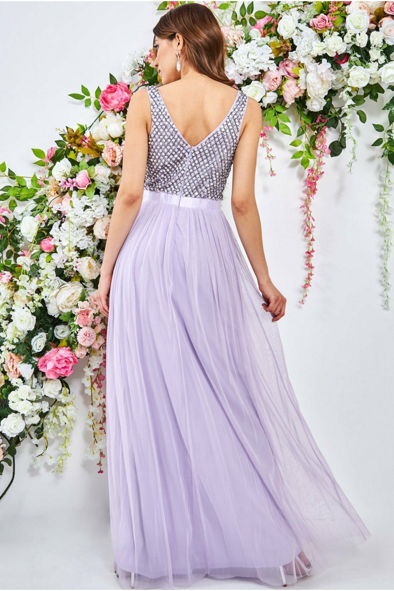 Goddiva Sequin Bodice Pleated Maxi Dress - Lavender