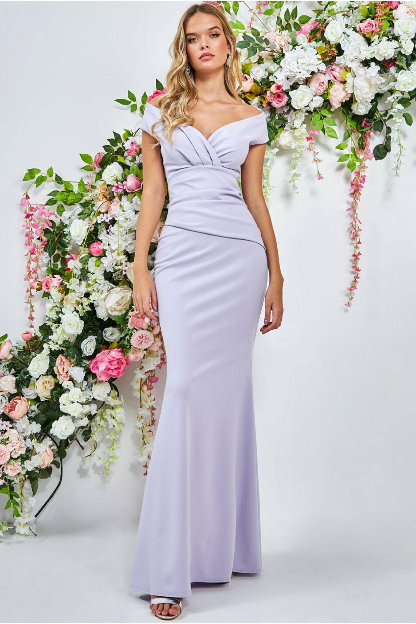 Goddiva Bardot Pleated Maxi Dress - Lilac