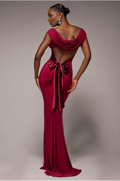 Wine - Goddiva Open Back Cowl Neck Gathered Maxi Dress With Velvet Tie Back - Wine
