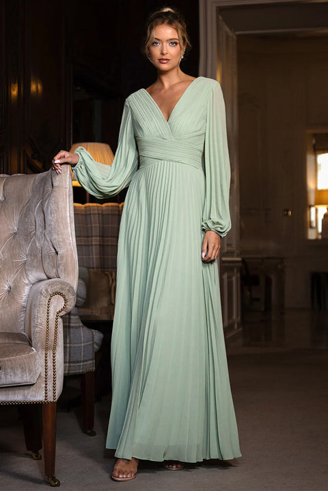 Goddiva Balloon Sleeve Chiffon Maxi Dress  - Sage Green