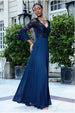Goddiva Scalloped Lace Bodice Pleated Chiffon A Line Maxi Dress - Navy Blue