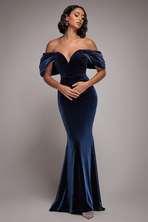 Goddiva Off The Shoulder Deep Plunge Velvet Maxi Dress - Navy Blue