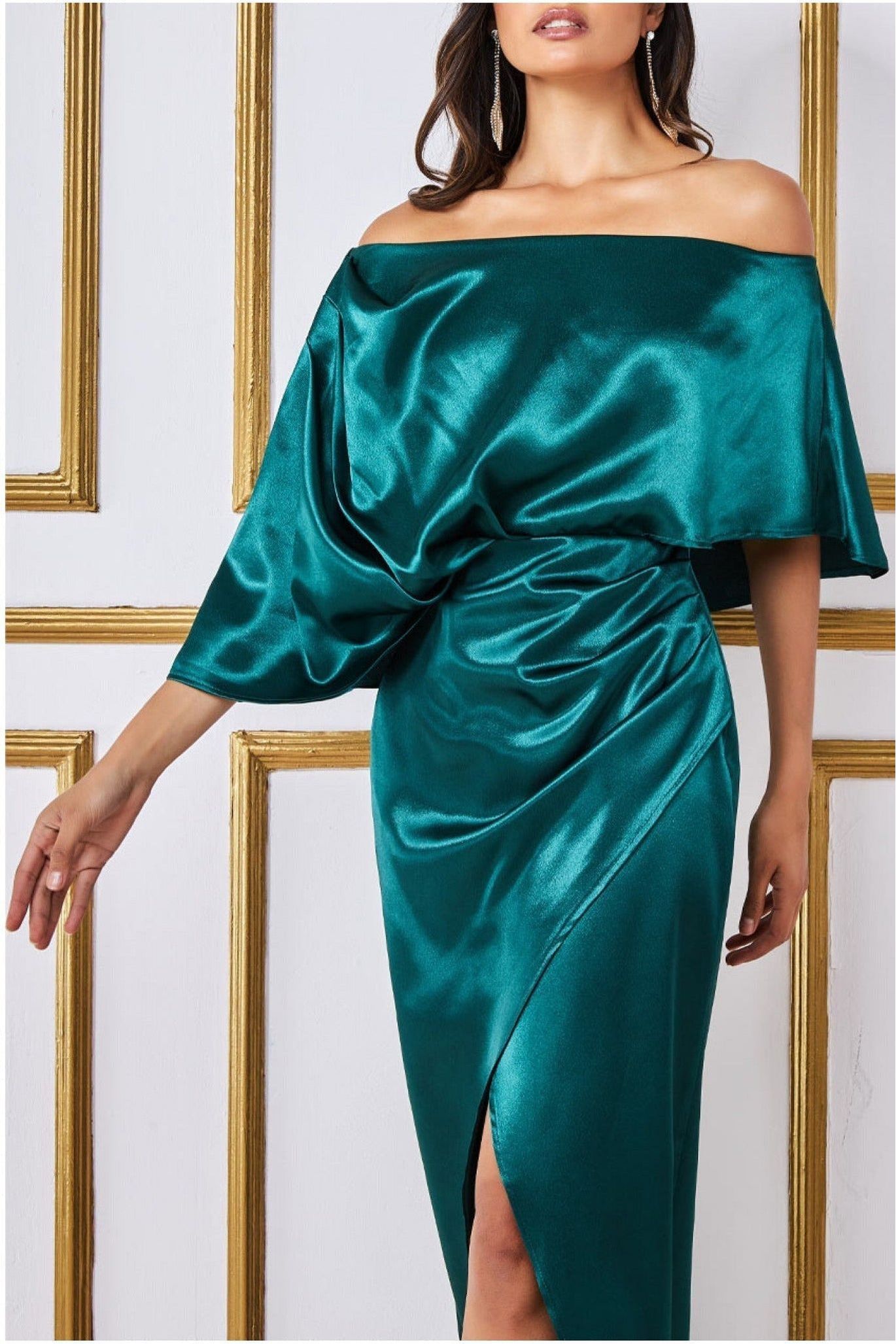 Goddiva Satin Drape Shoulder Wrap Maxi Dress - Emerald Green