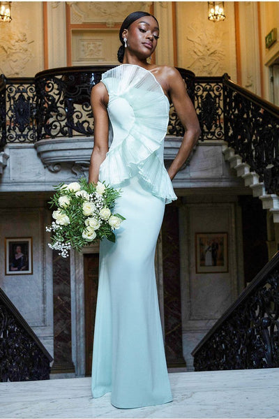 Mint - Goddiva One Shoulder Pleated Fan Maxi Dress - Mint Green