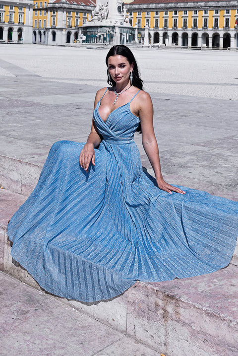 Goddiva Sleeveless Pleated A Line Lurex Maxi Dress - Blue