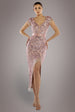 Goddiva Embroidered Sequin Tassel Front Split Midaxi Dress - Blush Pink