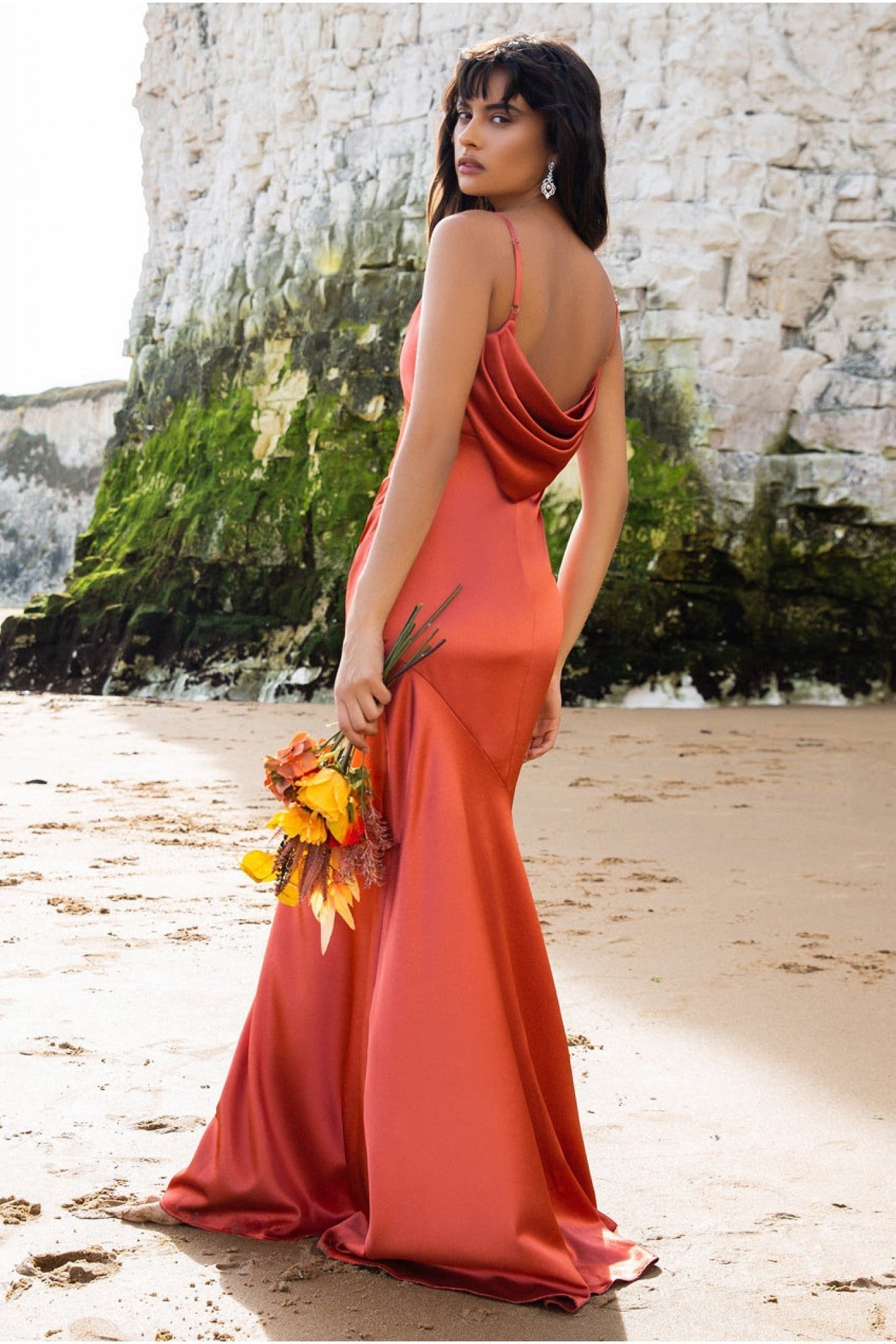 Goddiva Cowl Back Satin Maxi Dress - Burntorange