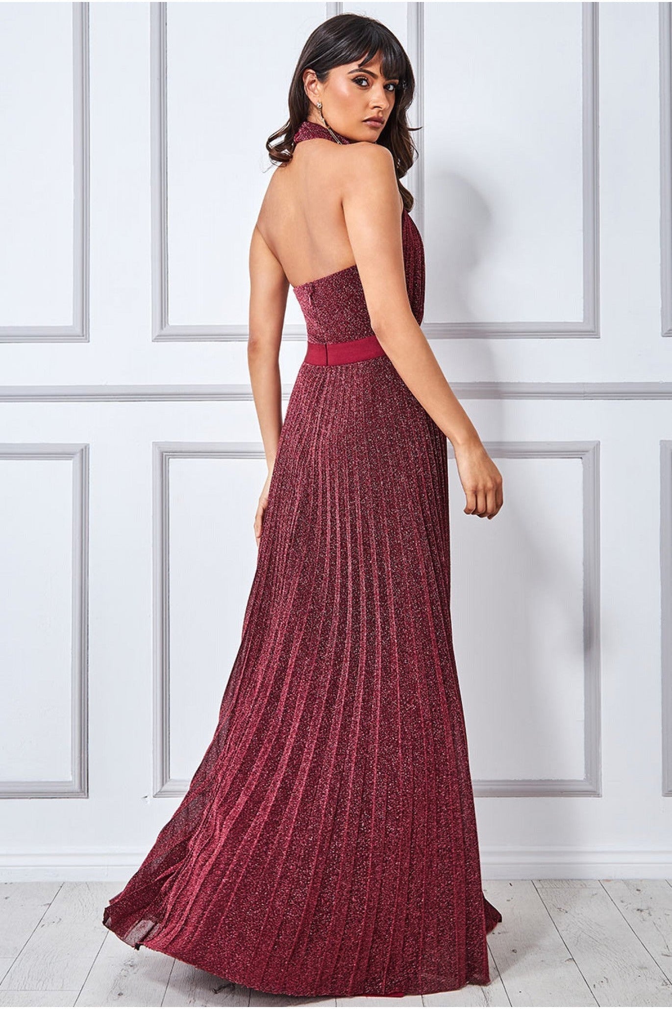 Goddiva Lurex Halterneck Pleated Maxi Dress - Wine