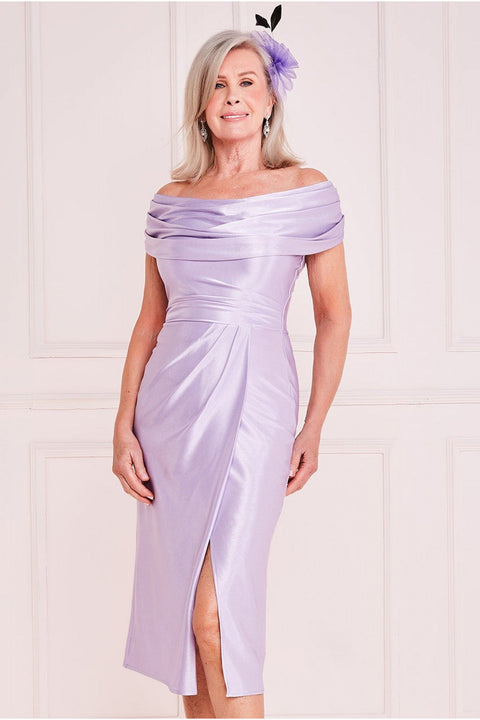 Goddiva Satin Front Split Bardot Cowl Midi - Lilac