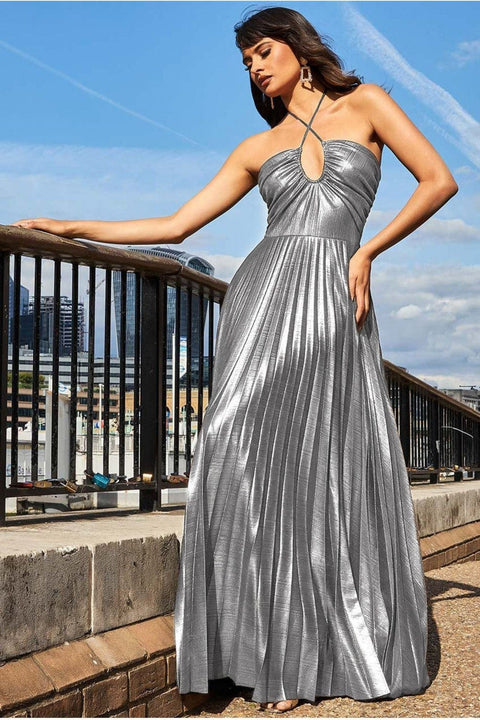 Goddiva Pleated Foil Tie Back Maxi Dress - Silver