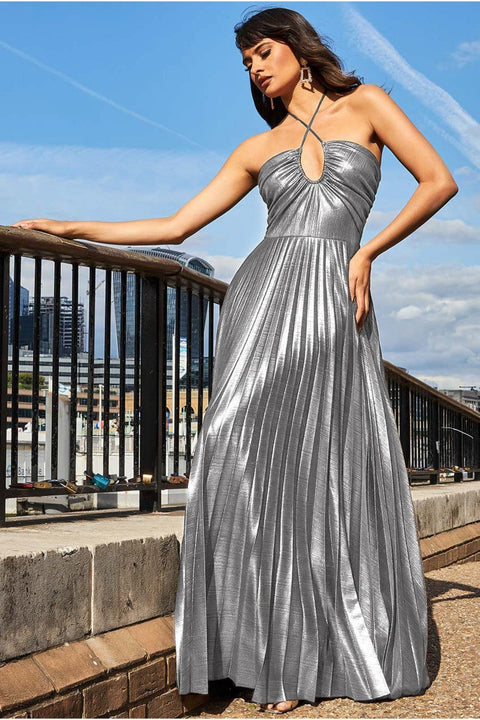 Goddiva Pleated Foil Tie Back Maxi Dress - Silver