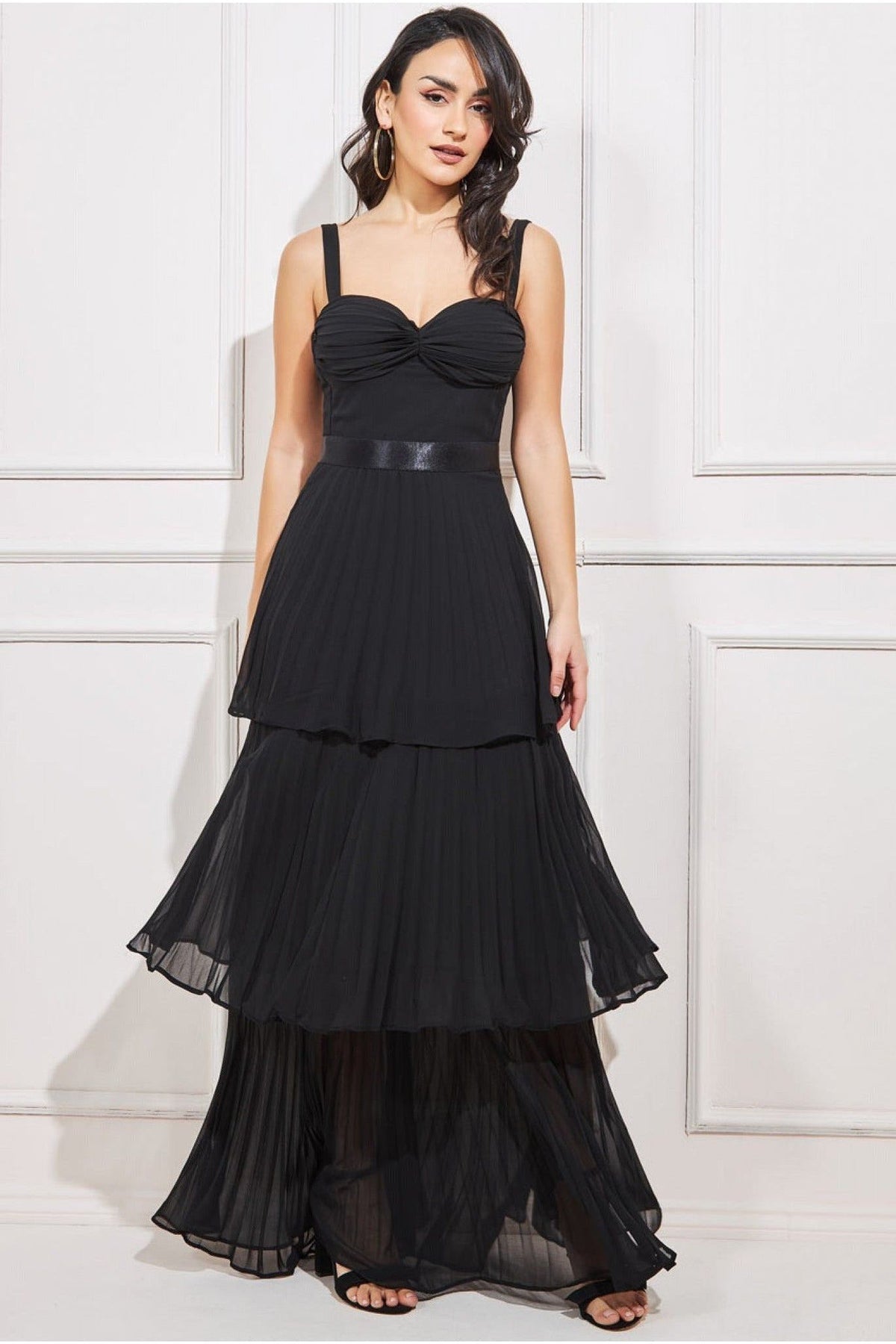 Goddiva Pleated Chiffon Tiered Maxi Dress - Black