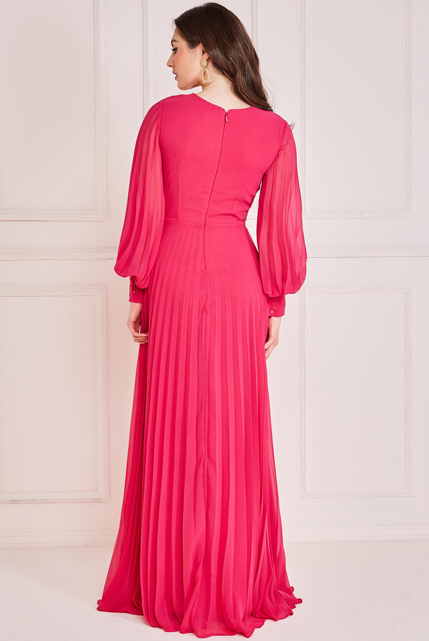 Goddiva Fully Pleated Chiffon Maxi Dress - Hot Pink