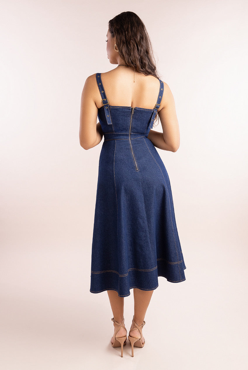 Goddiva Denim Buckle Strap A-line Midi Dress - Navy Denim