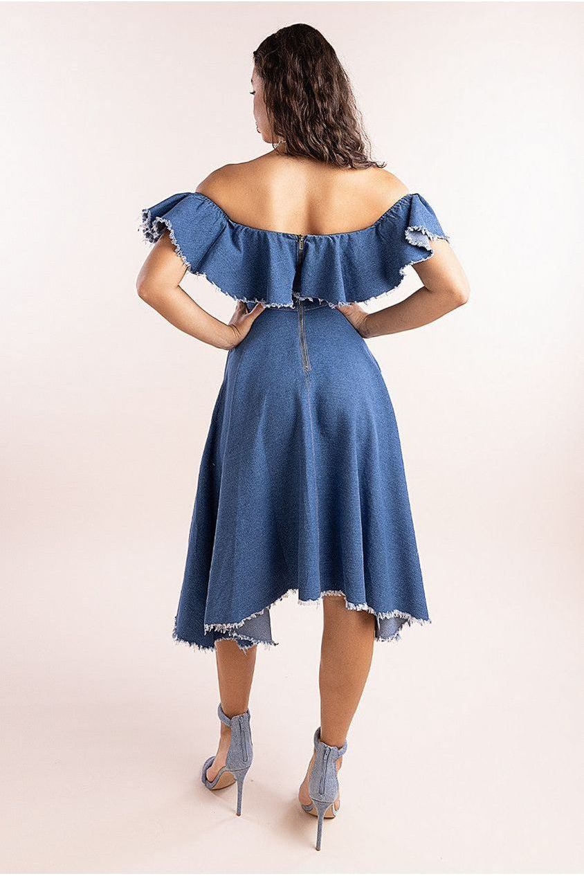 Goddiva Denim Frilled Bardot High Low Dress - Blue Denim