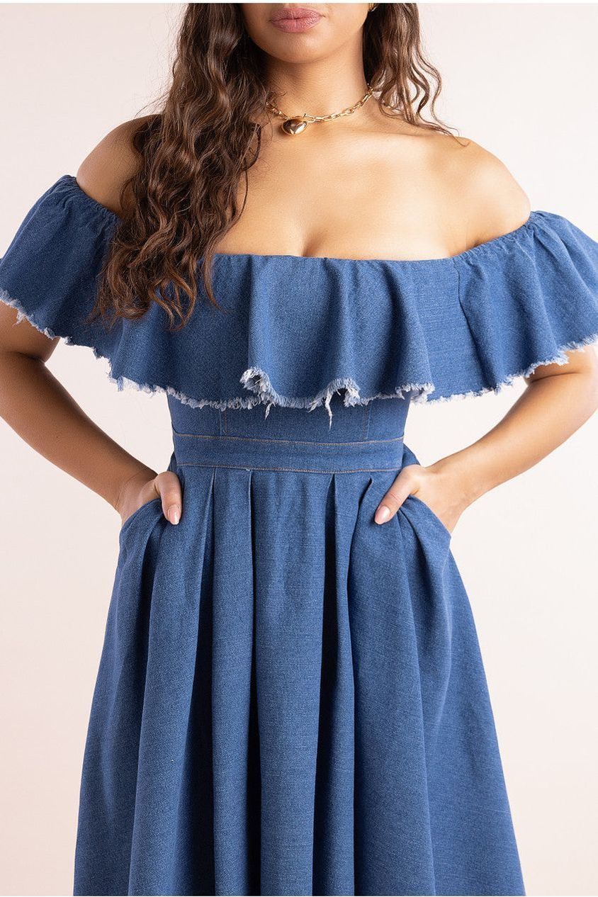 Goddiva Denim Frilled Bardot High Low Dress - Blue Denim