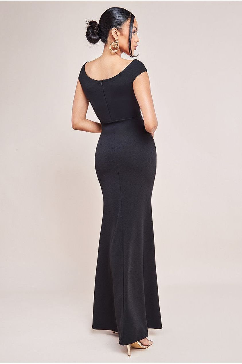 Goddiva Bardot Pleated Maxi With Metal Trim Maxi Dress - Black