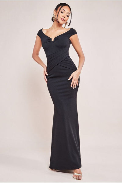 Black - Goddiva Bardot Pleated Maxi With Metal Trim Maxi Dress - Black