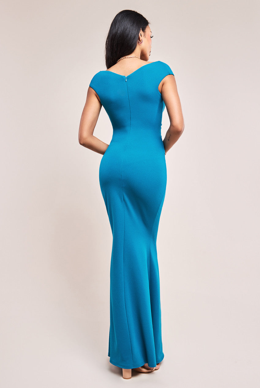 Goddiva Bardot Pleated Maxi Dress - Teal Blue