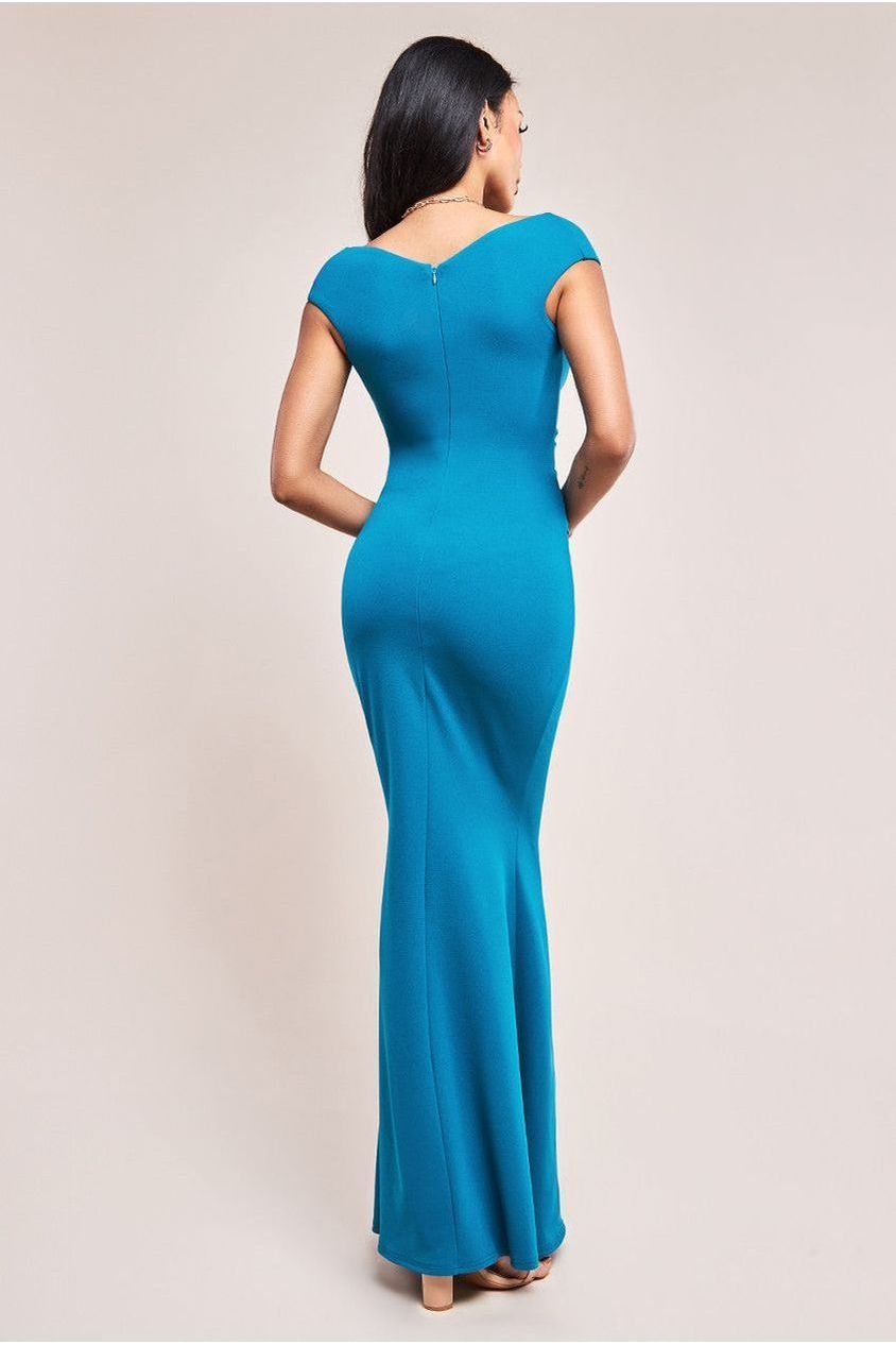 Goddiva Bardot Pleated Maxi Dress - Teal Blue
