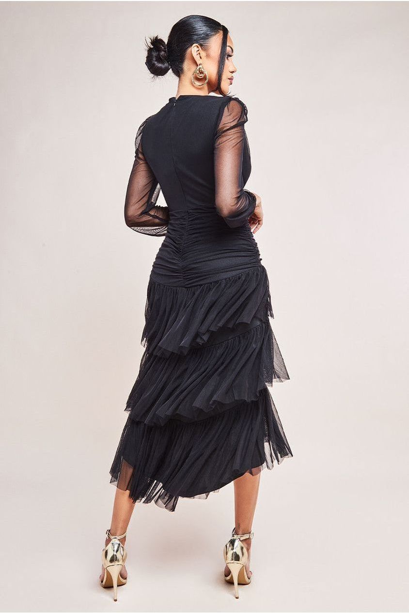 Goddiva Gathered High & Low Tiered Midaxi Dress - Black