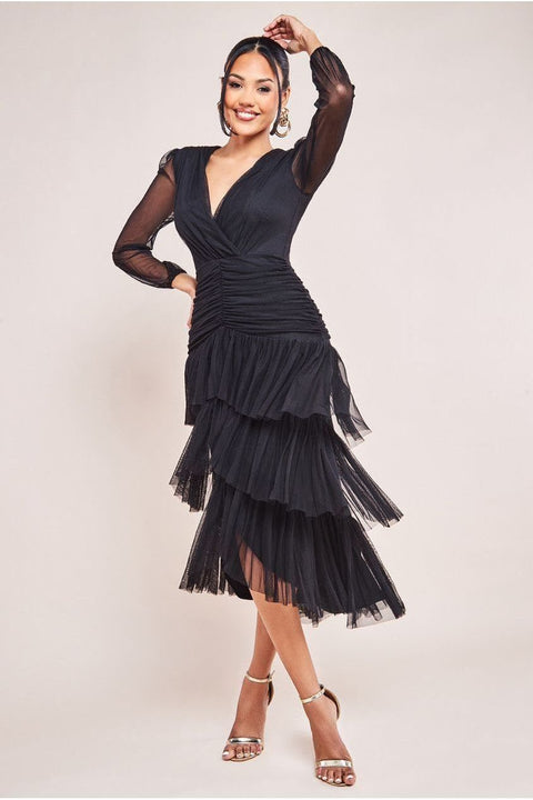 Goddiva Gathered High & Low Tiered Midaxi Dress - Black