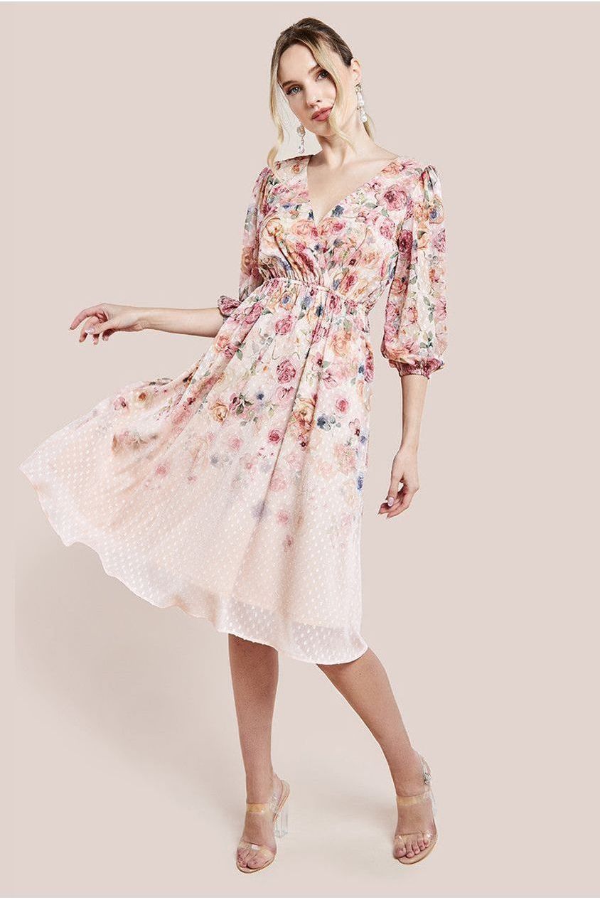 Goddiva Ombre Floral Printed Wrap Midi Dress - Ivory