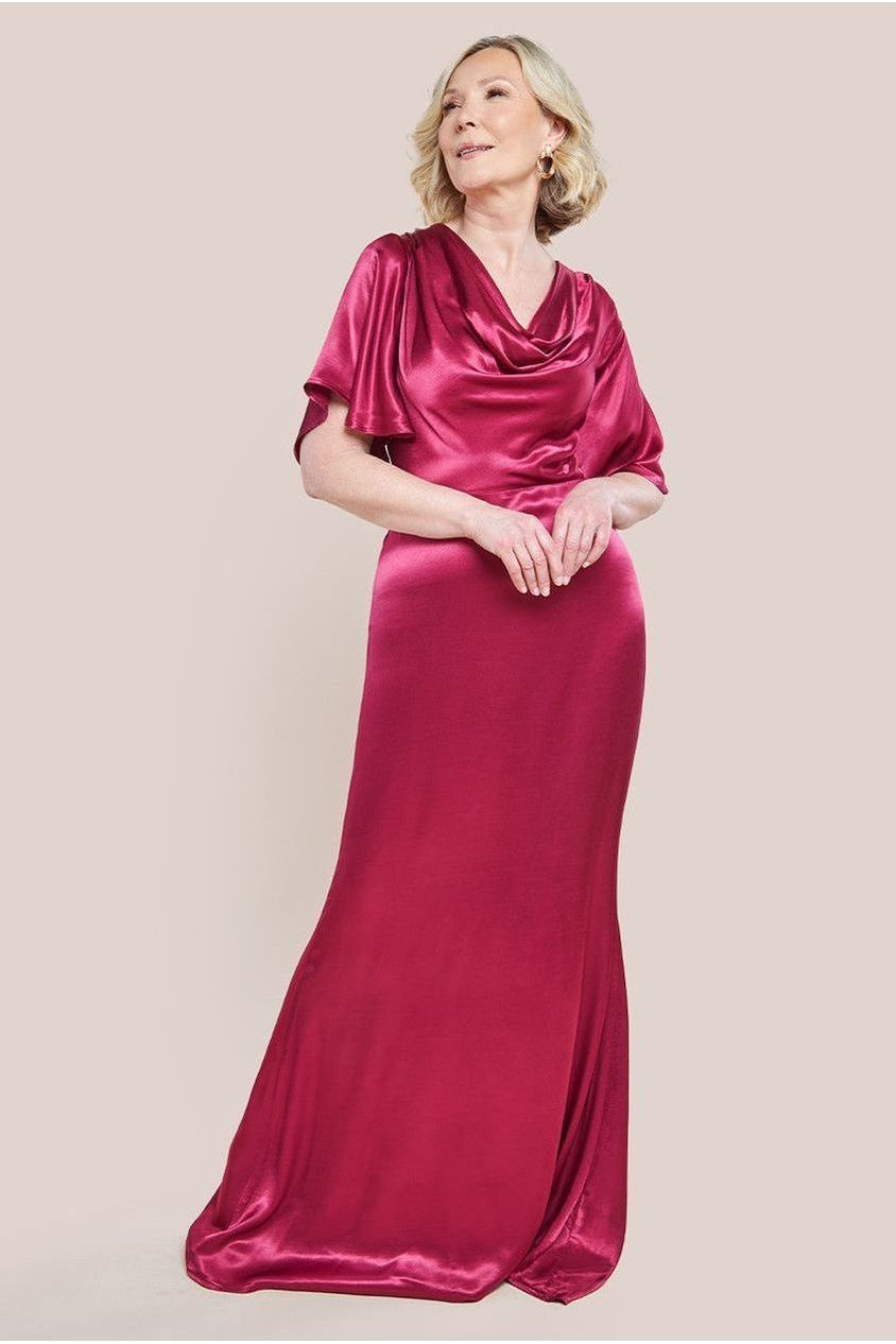 Goddiva Satin Viscose Cowl Neck Maxi With Train - Burgundy