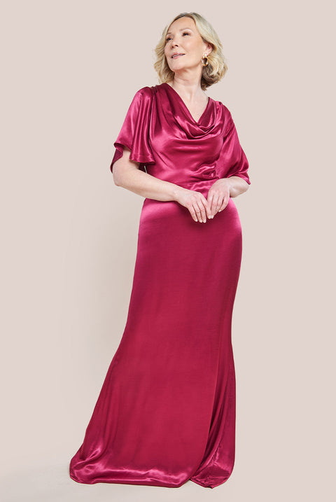 Goddiva Satin Viscose Cowl Neck Maxi With Train - Burgundy