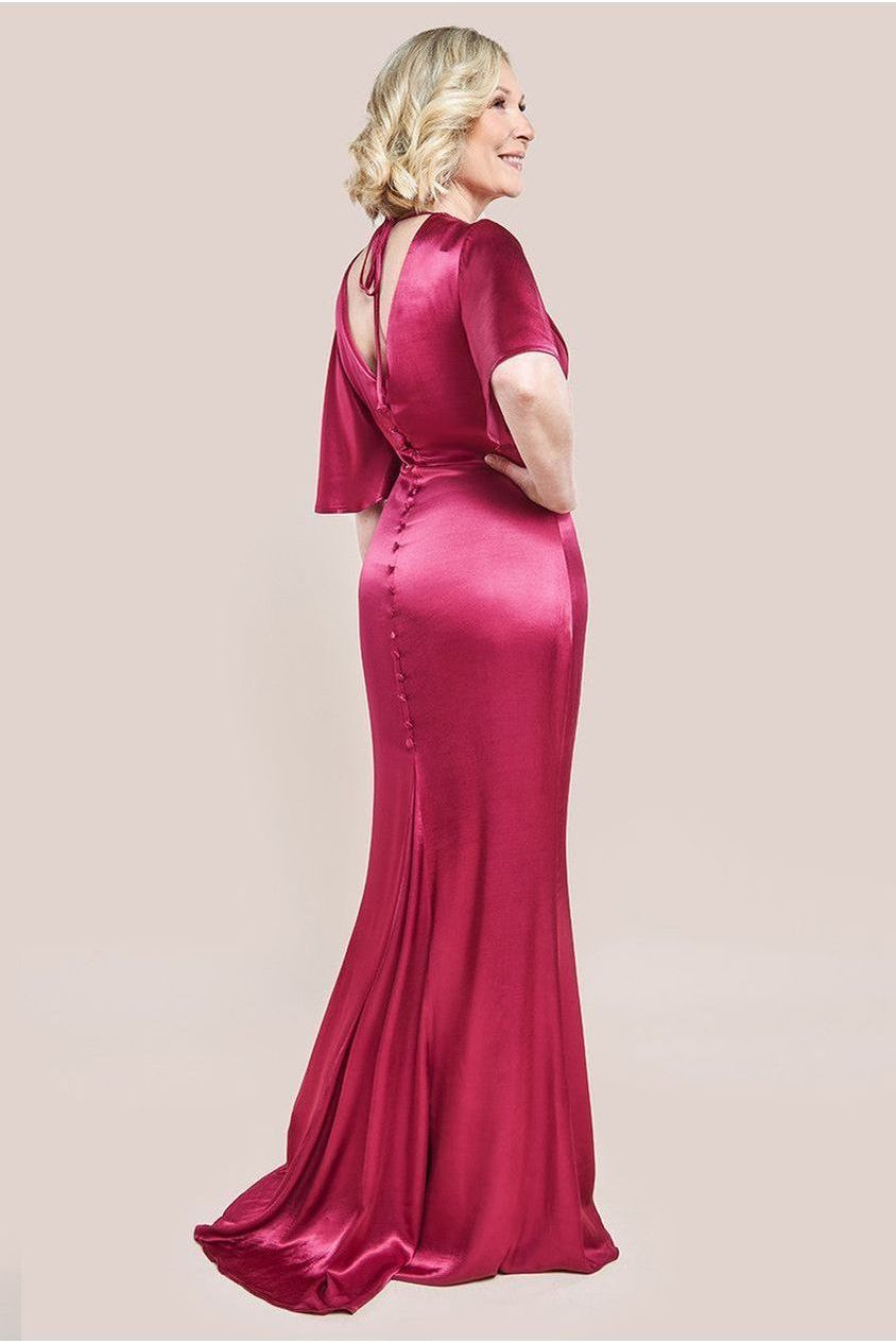 Goddiva Satin Viscose Cowl Neck Maxi With Train - Burgundy