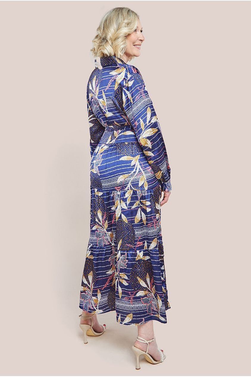 Goddiva Printed Tiered Shirt Midi Dress - Navy