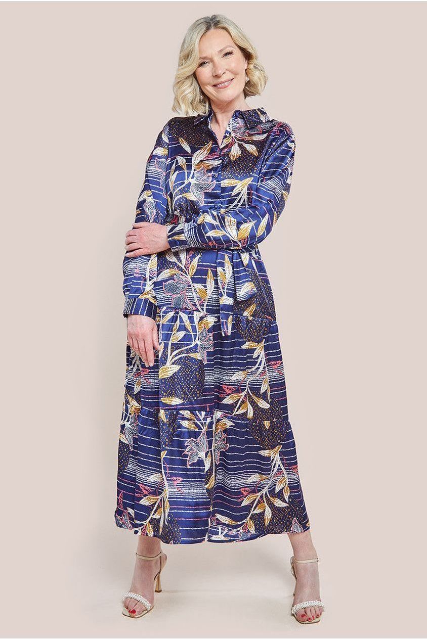 Goddiva Printed Tiered Shirt Midi Dress - Navy