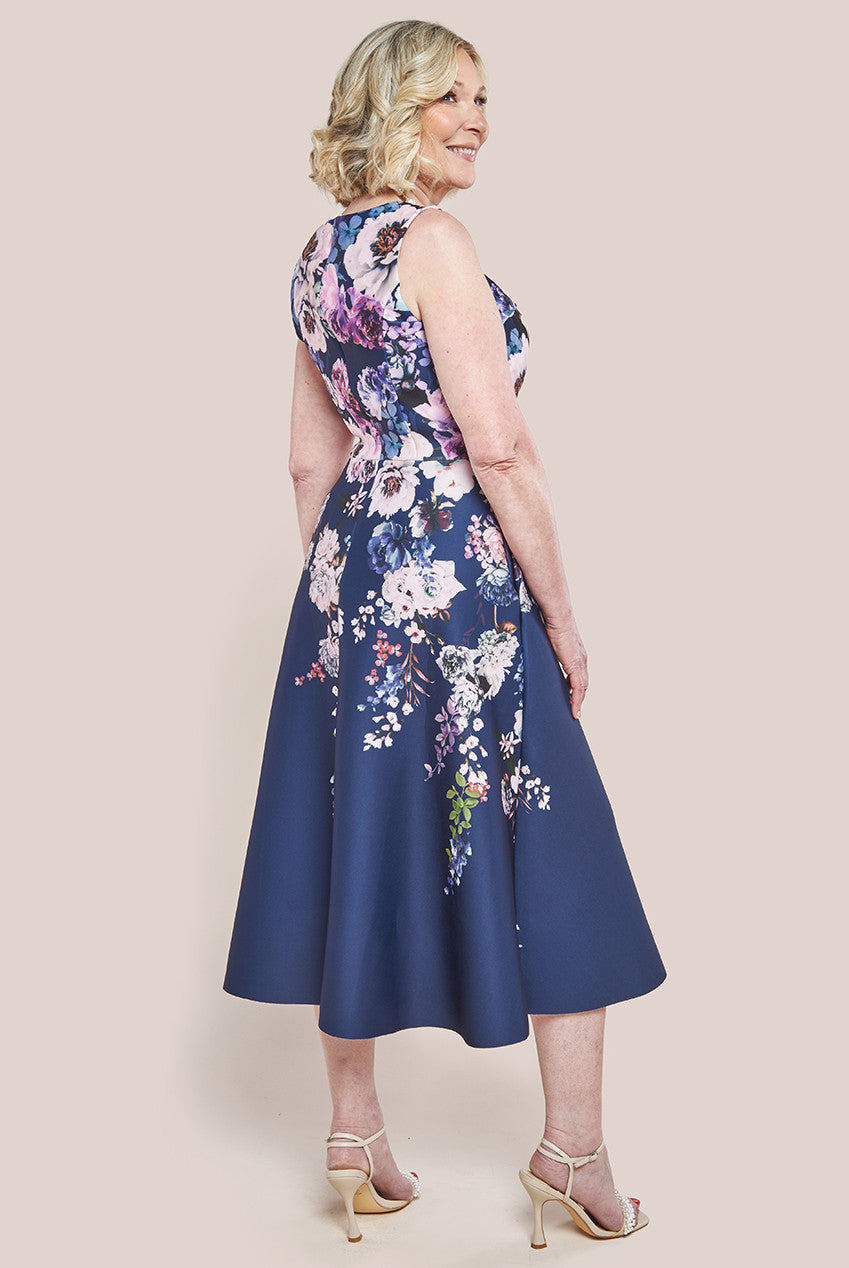 Goddiva Scuba Foam Floral Midi Dress - Navy