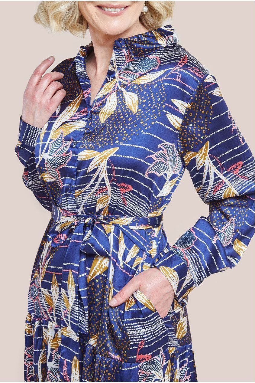 Goddiva Printed Tiered Shirt Midi Dress - Navy