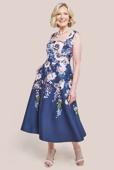 Goddiva Scuba Foam Floral Midi Dress - Navy