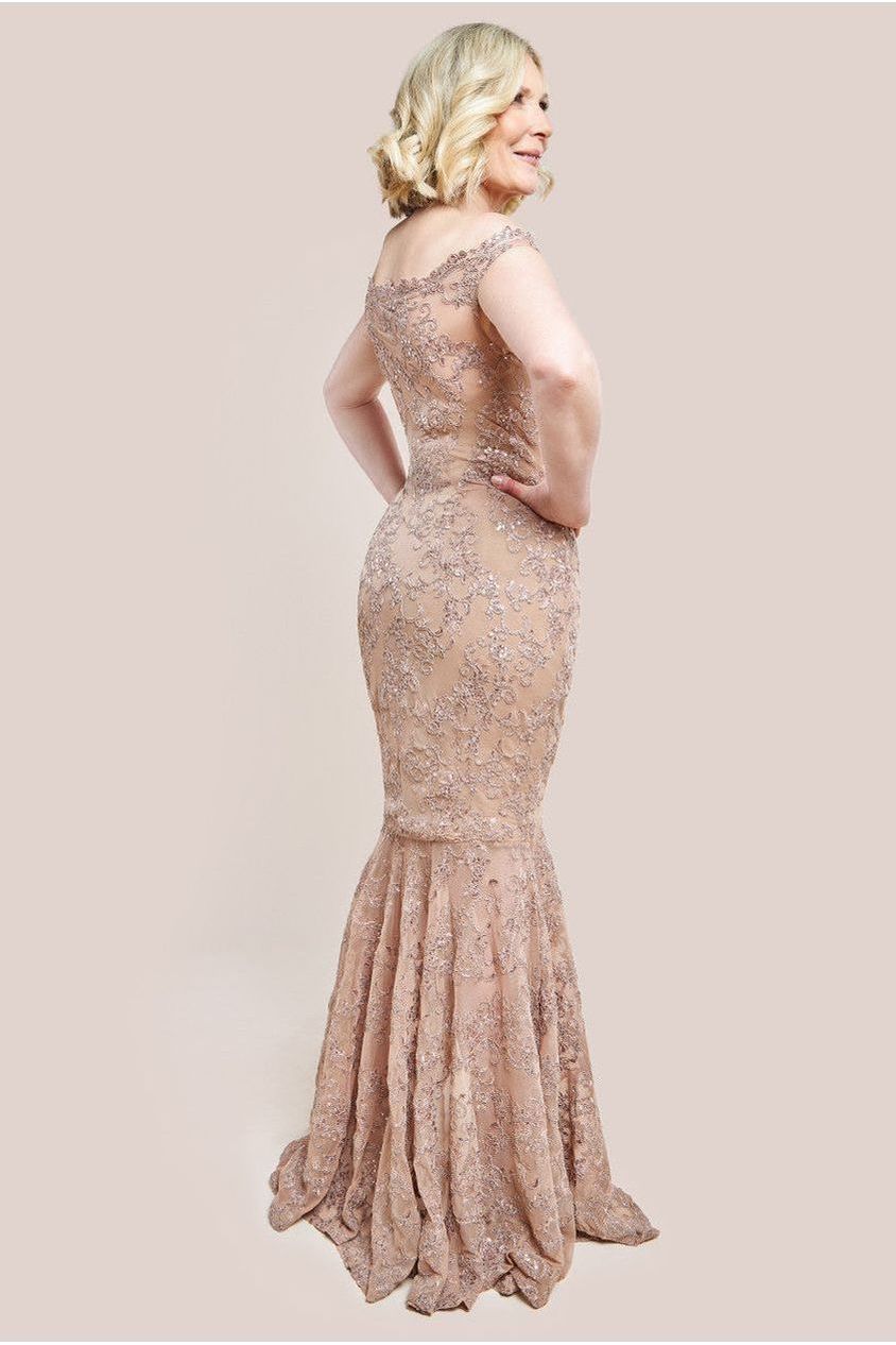 Goddiva Lace Scallop Edge Mermaid Maxi Dress - Champagne