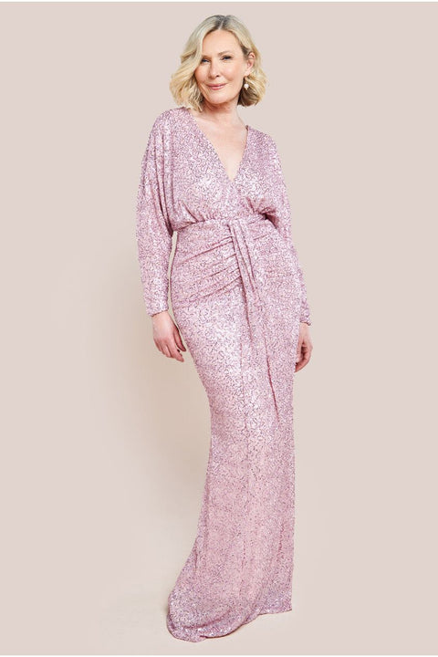 Goddiva Plunge V-Neck Sequin Maxi Dress - Blush